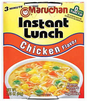 Maruchan Instant Lunch Chicken Flavor packaging with ramen noodles, vegetables, and "0 grams trans fat" label.