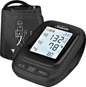 Digital blood pressure monitor with cuff, displaying systolic 132, diastolic 78, and pulse 80 on a bright screen.