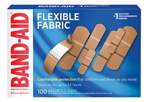 Box of Band-Aid flexible fabric bandages, 100 assorted sizes, offering 24-hour comfortable protection.