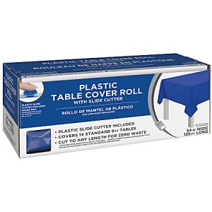 Blue plastic table cover roll with slide cutter, covers 14 tables, 54 inches wide and 126 feet long, in a retail box.