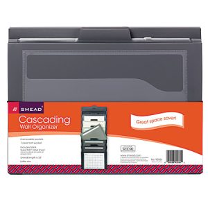 Smead Cascading Wall Organizer with pockets, gray color. Includes elastic cords and label tabs. Great space saver message.