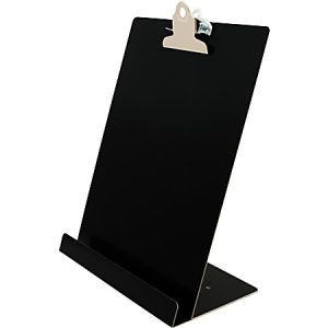 Black easel-style metal clipboard with a silver clip, standing on a flat base for holding papers upright.