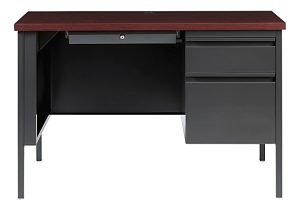 Metal office desk with a dark wood top, a lockable center drawer, and two side drawers on the right.