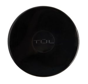Black, circular TUL coaster with a smooth surface and embossed logo in the center.