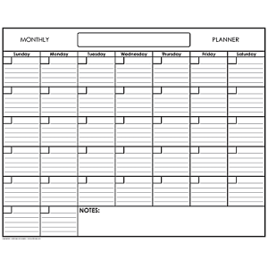 Blank monthly planner grid with seven columns for days of the week, space for dates, and a notes section at the bottom.