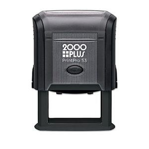 Black 2000 Plus PrintPro 53 self-inking stamp with a rectangular shape, featuring a push-button mechanism.