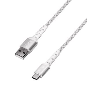 Silver braided USB to USB-C cable with reinforced connectors on a white background.