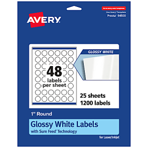 Avery Glossy White Labels, 1" round, 48 labels per sheet, 25 sheets, 1200 labels, for laser/inkjet printers.