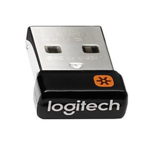 Logitech USB wireless receiver with black base and an orange logo on the side, used for connecting devices.