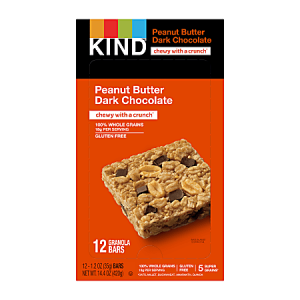 KIND Peanut Butter Dark Chocolate granola bars, 12-pack. Features whole grains, gluten-free, with chocolate chips.