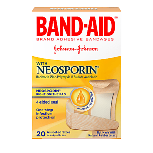 Band-Aid box with Neosporin, 20 assorted sizes, infection protection, 4-sided seal, not made with natural rubber latex.