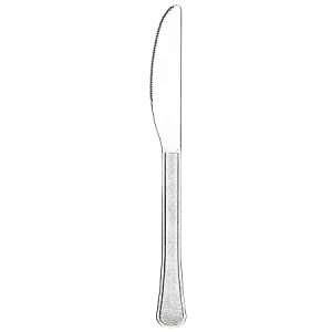 Silver metallic table knife with a smooth handle and a serrated edge, shown against a white background.