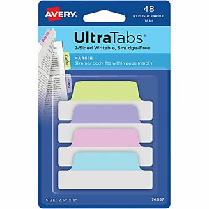 Pack of Avery UltraTabs with 48 repositionable, writable tabs in assorted pastel colors, ideal for page marking and notes.