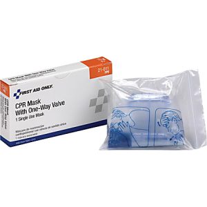 CPR mask with one-way valve in clear packaging, alongside its box labeled "First Aid Only.