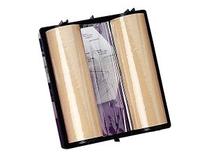 Laminating film cartridge with two beige rolls on a black holder, featuring clear film in the center.
