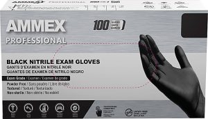 Box of AMMEX Professional black nitrile exam gloves, 100 count, exam grade, powder-free, textured, non-sterile.