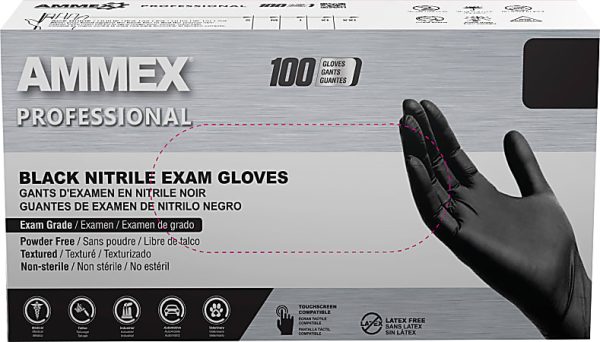 Box of AMMEX Professional black nitrile exam gloves, 100 count, exam grade, powder-free, textured, non-sterile.
