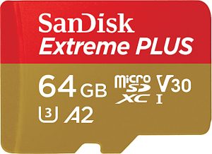 SanDisk Extreme PLUS 64GB microSD card, red and gold design, features U3, A2, V30 speed ratings for enhanced performance.
