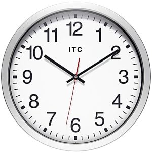 Round wall clock with a white face, black numbers, black hour and minute hands, and a red second hand, showing 10:10.