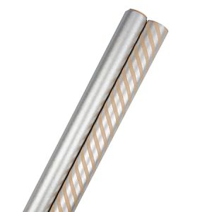 Two rolls of wrapping paper with a silver base and gold diagonal stripes.