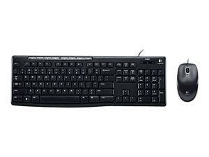 Black wired keyboard and mouse set on a white background.