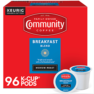 Red box of Community Coffee Breakfast Blend, medium roast, with two K-Cup pods shown, total 96 pods.