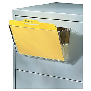 Clear wall file holder with yellow "Billing Due" folder attached to a metal filing cabinet.