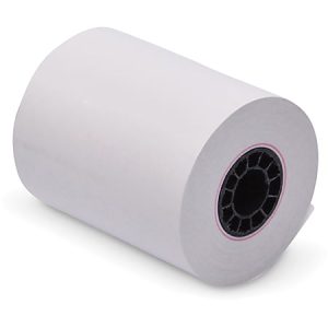 A roll of white thermal paper with a black core, designed for use in receipt printers and cash registers.