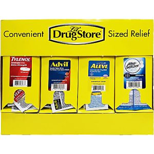 Box of travel-sized pain relief and antacid medications, including Tylenol, Advil, Aleve, and Alka-Seltzer.