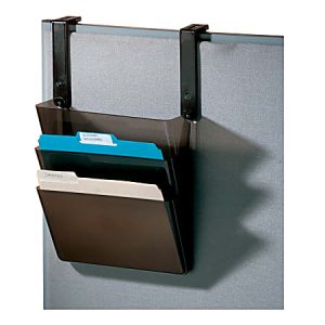 Black file organizer hanging on a cubicle wall, holding labeled folders in different colors.