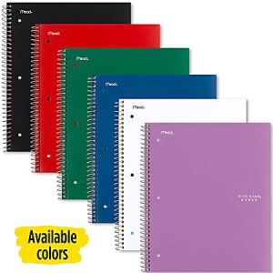 Six colorful spiral notebooks in black, red, green, blue, white, and purple. Text reads "Available colors" in yellow.