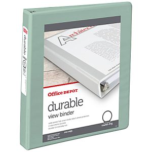 Green Office Depot durable view binder with round rings, suitable for everyday use, shown with a paper cover insert.