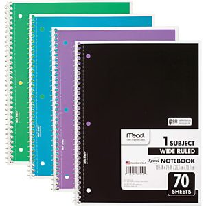 Four colorful Mead spiral notebooks with wide-ruled pages, featuring green, blue, purple, and black covers.