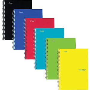 Six spiral-bound notebooks in black, red, blue, green, yellow, and lime, arranged in two overlapping rows.