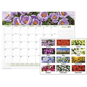 2024 wall calendar featuring floral designs, with a visible January page showing purple flowers and small previews for each month.