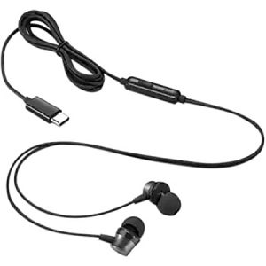 Black wired earphones with a USB-C connector and in-line control, featuring soft earbuds and coiled cable.
