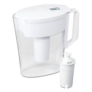 White water filter pitcher with a handle, accompanied by a separate cylindrical filter cartridge.