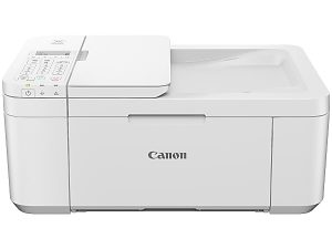 White Canon multifunction printer with a top-loading scanner and control panel on the left side.