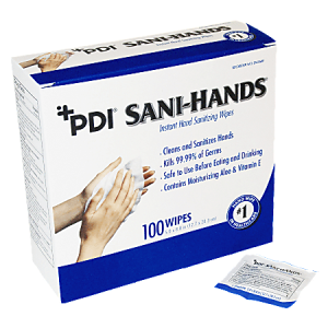 Box of PDI Sani-Hands wipes with 100 count. Features hand sanitizing benefits and includes a single wipe packet.