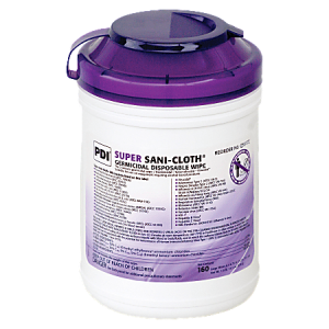 Purple-lidded container of PDI Super Sani-Cloth germicidal disposable wipes, with product details on the label.