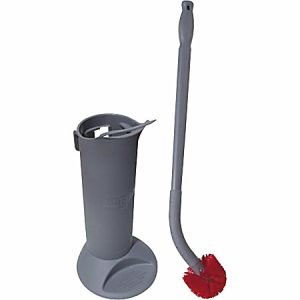 Grey toilet brush with long handle and red bristles, accompanied by a matching grey holder.