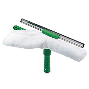 Green squeegee with white microfiber cleaning pad attached, designed for window cleaning.