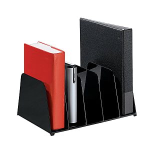 Black vertical file organizer holding a red book, black binder, and a silver item on a white background.
