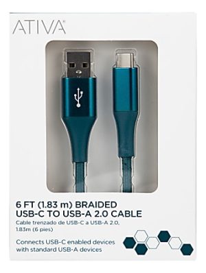 Braided 6 ft (1.83 m) USB-C to USB-A 2.0 cable packaging from Ativa, for connecting USB-C and USB-A devices.