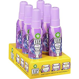 Display of eight V.I.P. Lavender Superstar Pre-Poop Sprays in lavender bottles on a yellow stand.