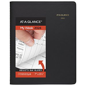 2024 AT-A-GLANCE weekly planner in black cover, featuring ink-resistant pages, size 7" x 8¾", with a close-up photo of pages.