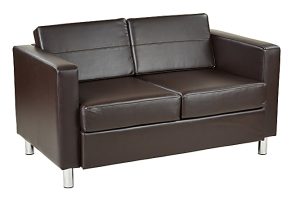 Dark brown leather loveseat with metal legs on a white background.