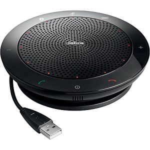 Black Jabra speakerphone with circular design, control buttons, and USB connector cable for conferencing.