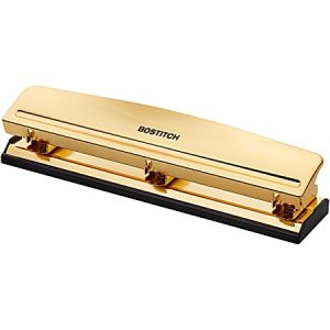 Gold Bostitch three-hole punch with black base, designed for paper organization and office use.
