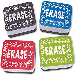 Four colorful erasers with decorative borders and the word "ERASE" in white text, each in red, black, blue, and green.